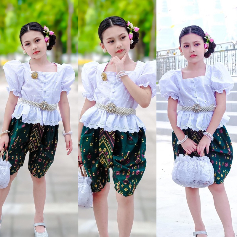 ชุดไทยโจงกระเบน ชุดไทยเสื้อแขนตุ๊กตา ชุดไทยเด็ก ชุดไทยเด็กผู้หญิง (ขายแยกเครื่องประดับ)