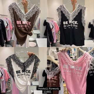 🇰🇷New🇰🇷  Korea laced Be nice top เสื้อยืดคอวีดีเทลแต่งขอบ ลูกไม้สวยงาม สกรีนลายสวยๆ