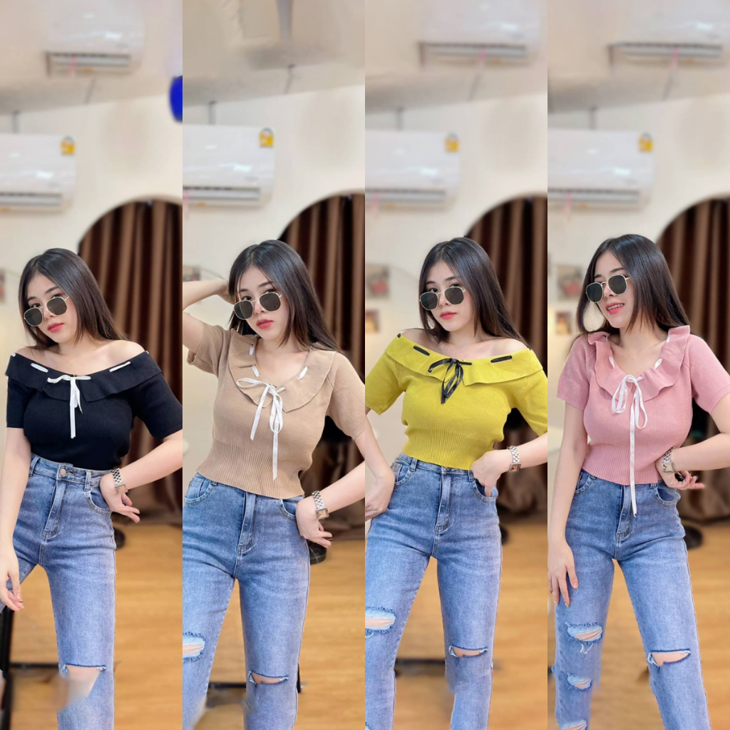 SpinnyHouse เสื้อปาดไหล่ ช่วงคอปกระบายแต่งเชือก ผ้ายืดตามตัว รุ่น ซานต้า