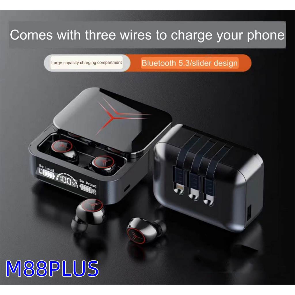 TWS M88 plus หูฟังบลูทูธไร้สาย 5.3 เสียงสเตอริโอ กล่องชาร์จแบบฉุกเฉิน มีสายชาร์จในตัว