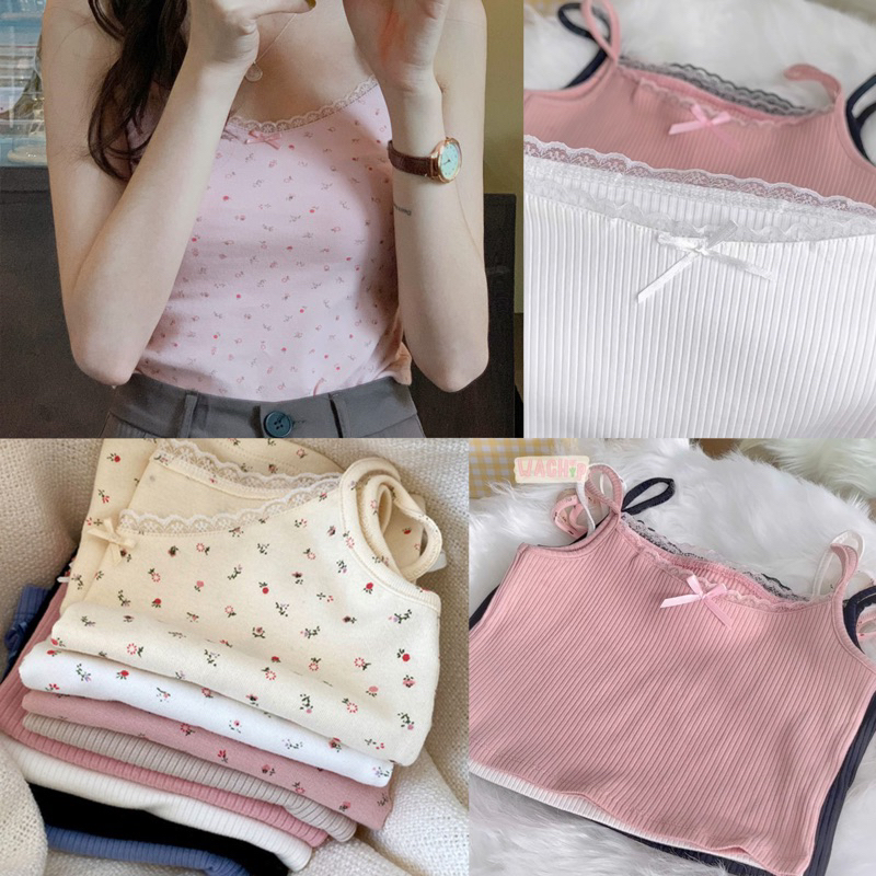 C8 เสื้อสายเดี่ยวพิมพ์ลายดอกไม้ แต่งลูกไม้ด้านหน้าพร้อมโบว์