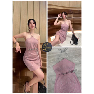 dressชมพูแต่งเพชรวิบวับ เดรสผูกไขว้เอว เดรสสายเพชร