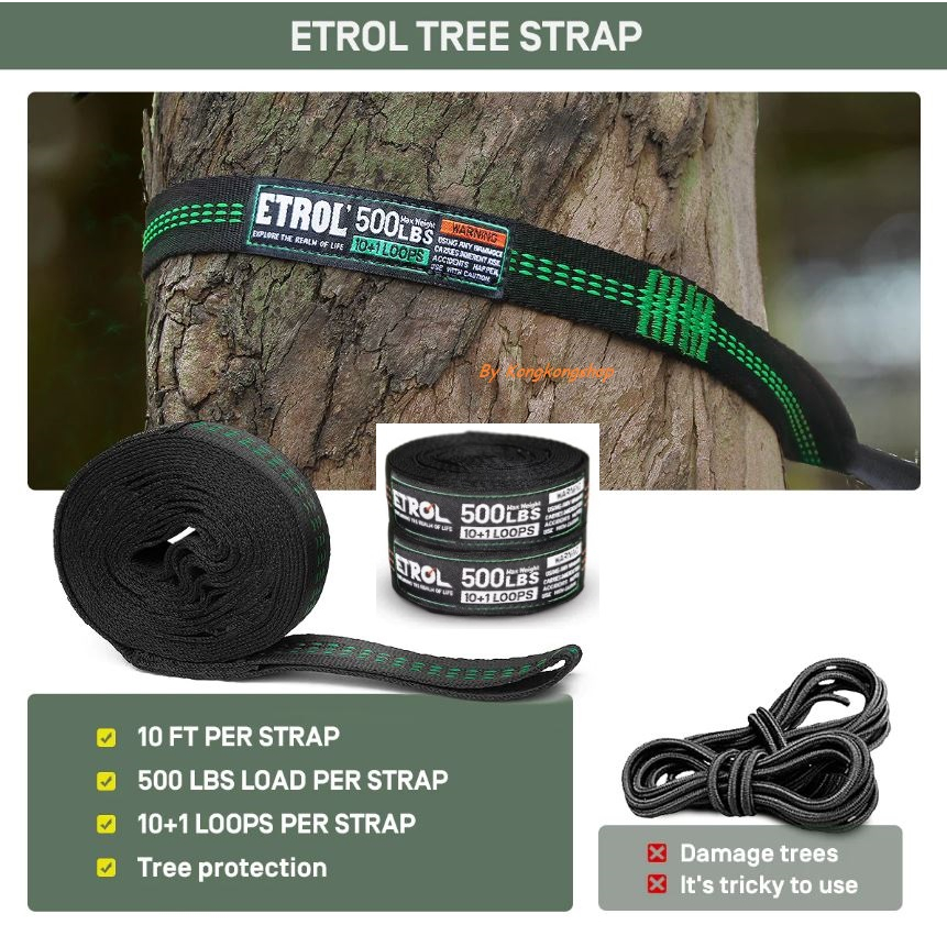 เชือกเปล 225 กก,  ETROL outdoor Hammock Straps，Camping Hammock Tree Straps Set เชือกสีดำด้ายสีเขียว