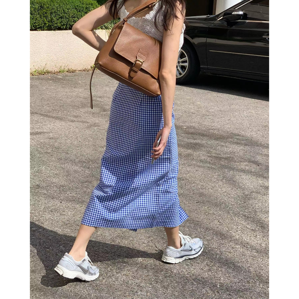 CHAWY Gingham blue skirt 🌾🍪 C3997 กระโปรงสไตล์เกาหลี กระโปรงยาว กระโปรงทรงเอ