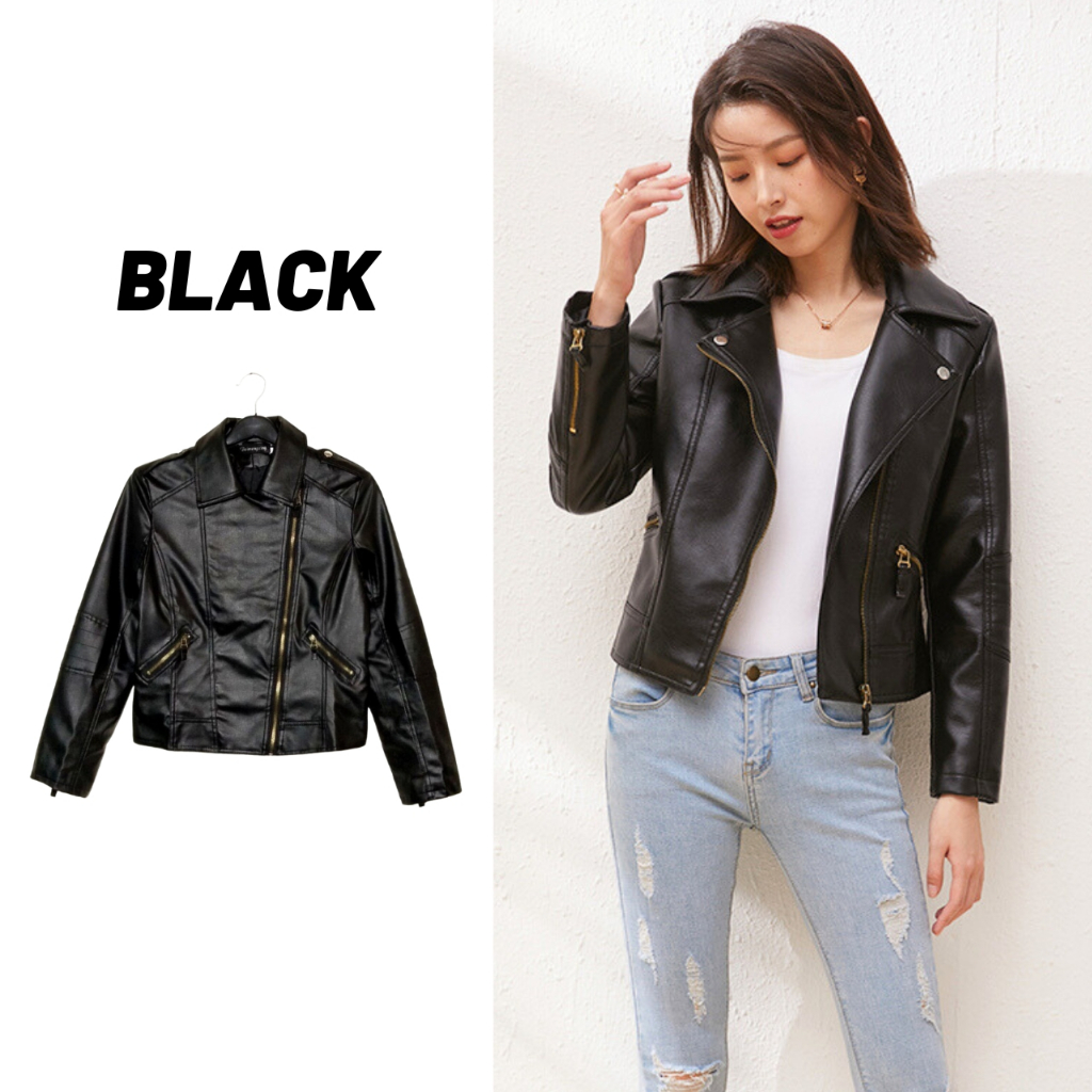 Sale80% เสื้อแจ็คเก็ตหนังสีดำทรงสั้นซิปทอง แขนยาวคอปก