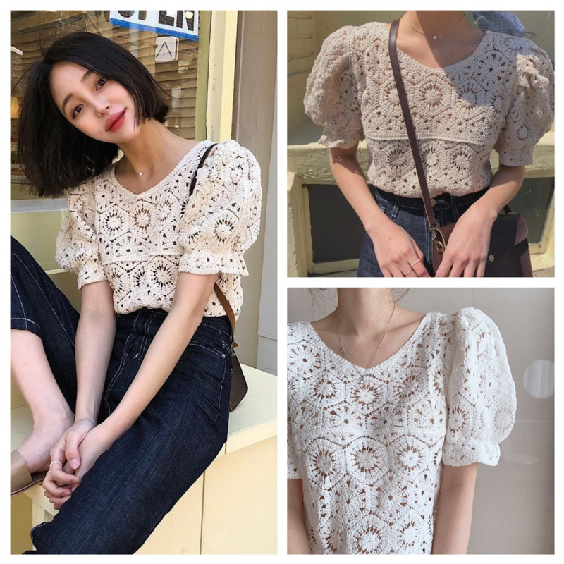 SSang_Shopp เสื้อถักลูกไม้ เสื้อแขนฉลุ แขนตุ๊กตา สไตล์เกาหลี