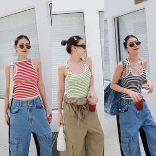 HOT ITEM!! Double stripe tank top⚡️(320฿ฟรีส่ง) เสื้อกล้ามสายเอี๊ยม ผ้าคอตตอนลายขวาง  ใส่ได้ทั้ง 2 ด้านเลย glam