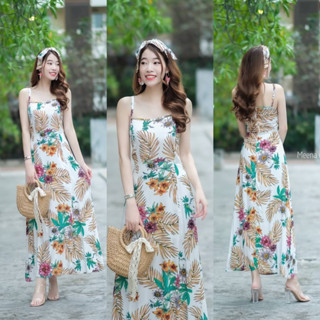 เดรสสายเดี่ยวลายใบไม้ ใส่เที่ยวทะเล ผ้าพริ้วๆสวยมาก