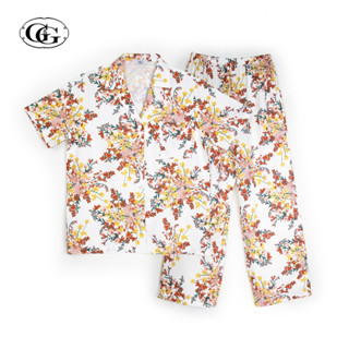 G&amp;G Nightwear รุ่น EN7P15 ชุดนอนเสื้อแขนสั้นคอปก + กางเกงขายาว ลายดอกไม้ ผ้าไหมอิตาลี สี WH