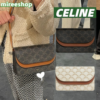 🍒เซลีนCeline กระเป๋าสตางค์พร้อมสายสะพาย ผลิตจากผ้าแคนวาสลายทรียงฟ์ และหนังแกะผิวสัมผัสเรียบ/WALLET ON STRAP Shoulder bag