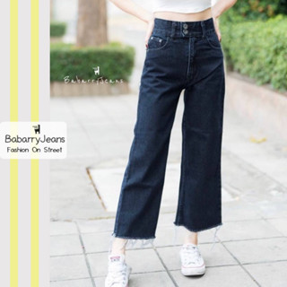 BabarryJeans มีบิ๊กไซส์ S-5XL ยีนส์ทรงกระบอก ขาตรง เอวสูง ขาเต่อ ปลายตัด เก็บพุง กระดุมคู่ สีดำฟอก