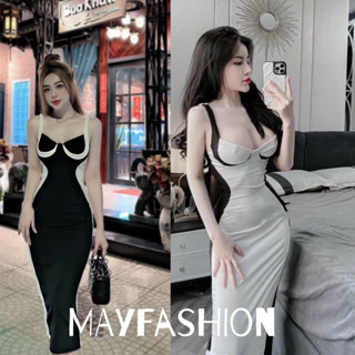 MAYFASHION Dress’ เดรสยาวผ้ายืดร่อง ดีเทล เย็บตัดต่อแถบข้างสลับสี ทรงเข้ารูปพอดีตัว ด้านหลังใส่ซิป