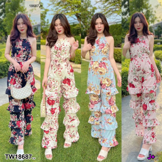 18687 Jumpsuit จั๊มสูทขายาวระบาย ลายดอกไม้ Jumpsuit, long legs, ruffled layers, flower pattern