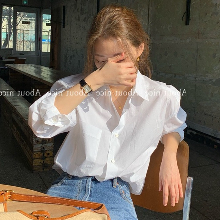 เสื้อเชิ้ตสีขาว คอปกแขนยาววินเทจผู้หญิง CT2969 มีกระดุมหน้าสไตล์ญี่ปุ่นทํางาน ลำลอง free size