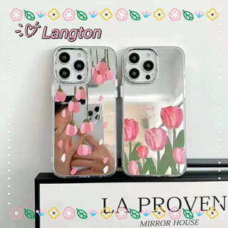 🌈Langton🌸ขอบเต็ม ป้องกันการหล่น iphone 11 14 pro max พื้นผิวกระจก ดอกไม้ ดอกทิวลิป เส้นขอบโปร่งใส case for iPhone 12 13