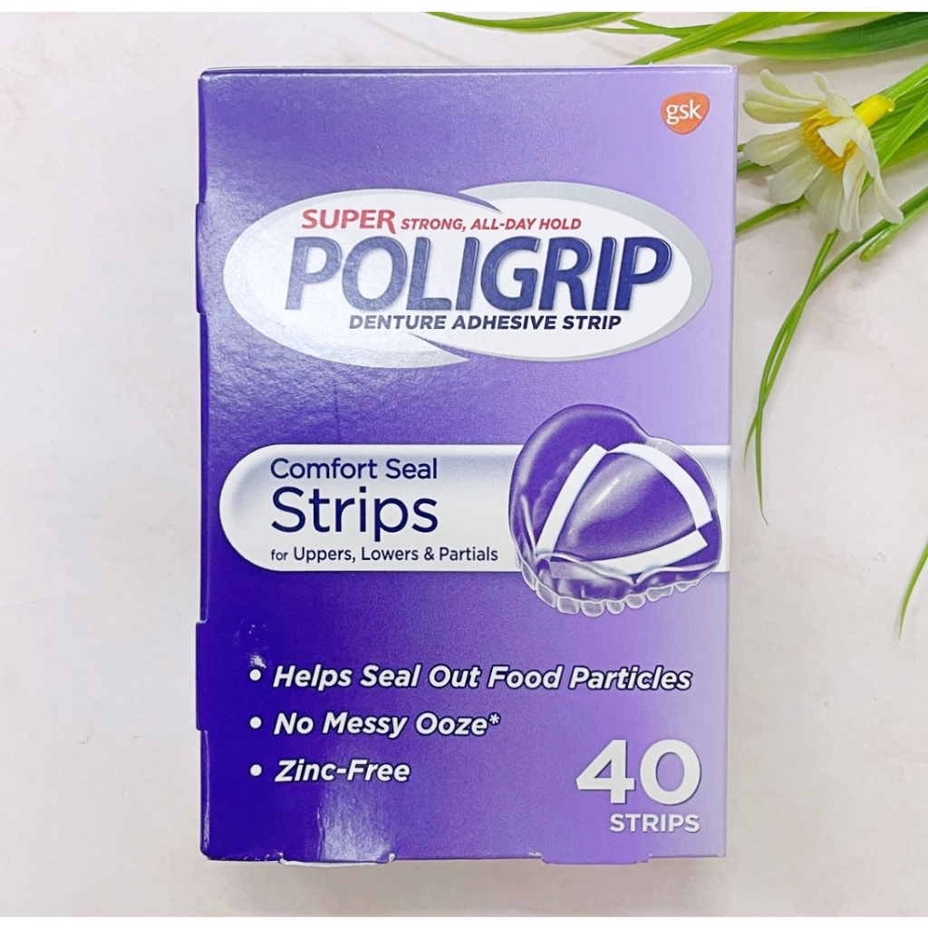 [Poligrip®] Comfort Seal Denture Adhesive Strips 40 Count แผ่นติดฟันปลอม แผ่นกาวติดฟันปลอม โพลิเดนท์ Polident