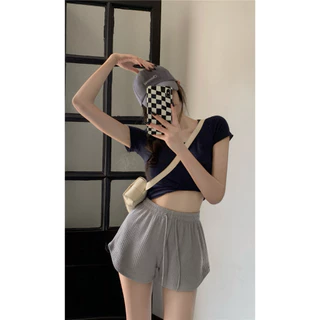 S-088 กางเกงขาสั้น บบผูกเชือก สวมใส่สบาย ลําลองสําหรับสตรี เอวสูงขากว้างทรงหลวมขนาดพลัสเหมาะกับการเล่นฟิตเนส