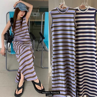 🇰🇷New🇰🇷  Korea stripe knitted maxidress เดรสยาวผ้านิต เนื้อแน่นลายทางสลับสี ดีเทลผ่าข้าง ใส่สบายๆชิลๆ