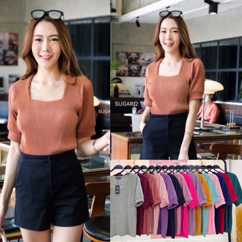 เสื้อคอเหลี่ยมแขนตุ๊กตา ผ้า:อัดพลีท