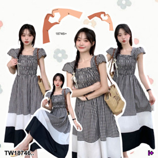 TwinsShopVip💗พร้อมส่ง  TW18746 เดรสยาว สม็อคอกลายสก็อต กระโปรงสลับสี ..