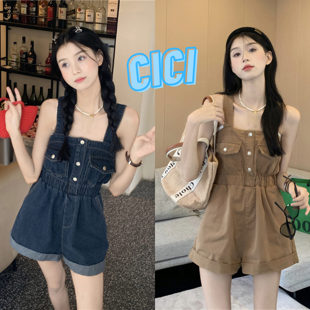 ส่งทันที Cici(NO. 606)ชุดเอี๊ยมขาสั้น ดีเทลสม็อกรอบเอว กระดุมและกระเป๋าใช้งานได้จริง ทรงสวยสไตล์เกาหลี