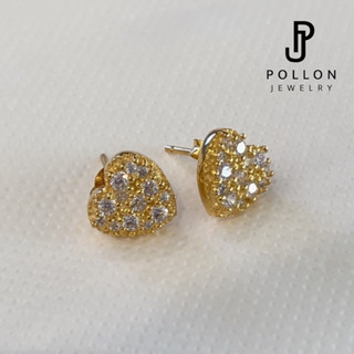 POLLON ต่างหูสำหรับผิวแพ้ง่าย ต่างหูรูปหัวใจใหญ่ สีทอง สแตนเลส 94.8% ฝังเพชร  Swarovski แท้