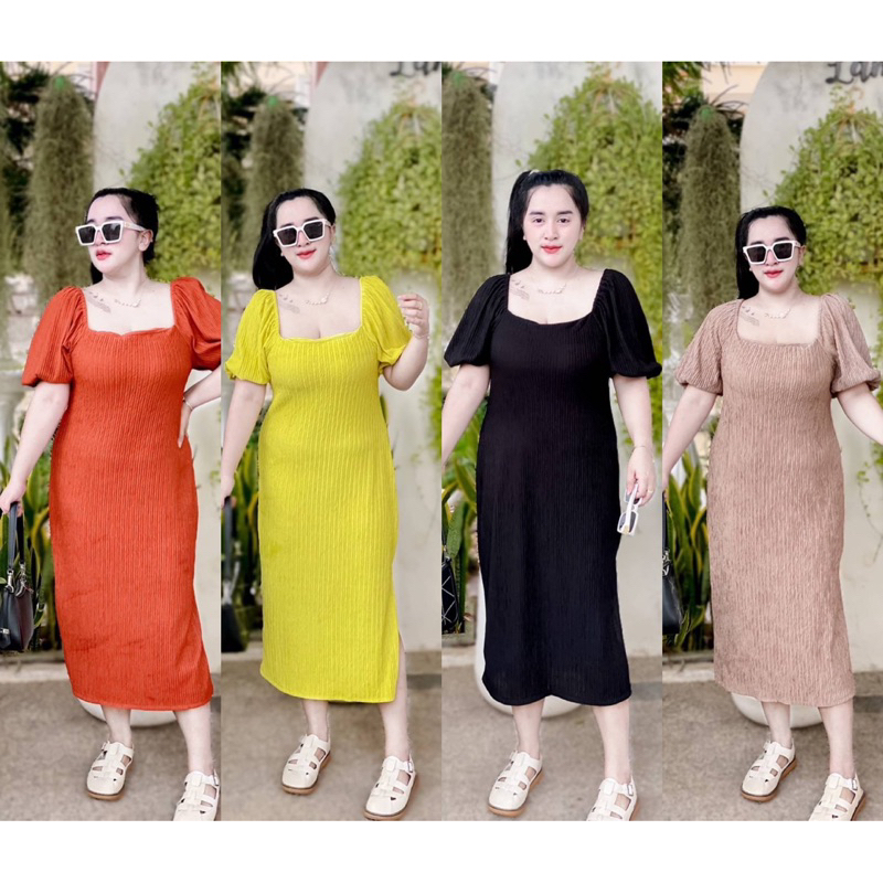 P09-S1D2🌹 เดรสยาว คอเหลี่ยม ผ่าข้าง แขนตุ๊กตา ผ้า toffy ยืดตามตัว งานสวยมากๆ