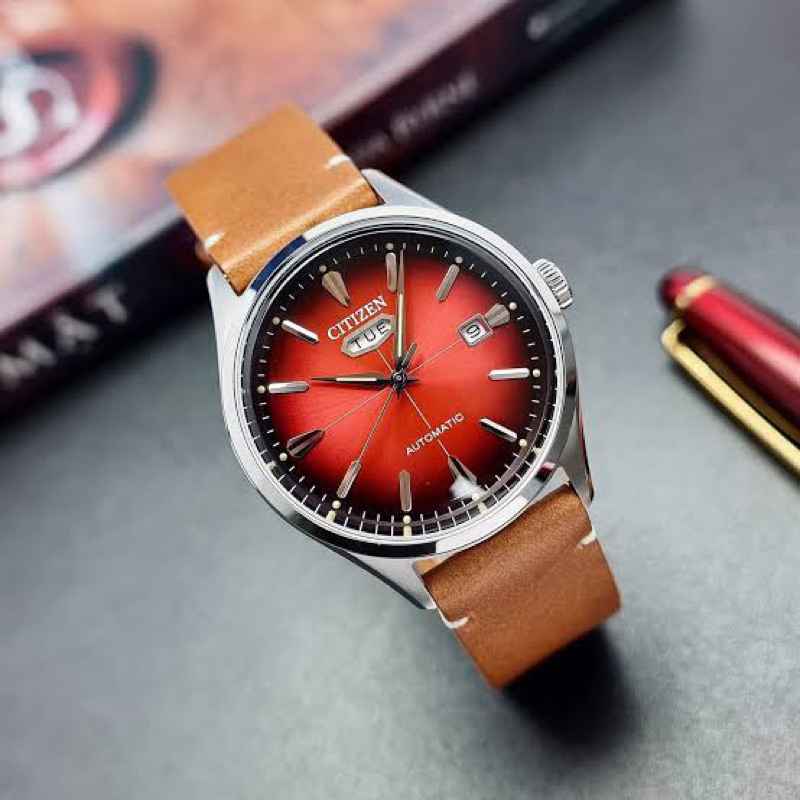 NEW Citizen 🌟Automatic Red ❤️dial, leather strap Stainless Steel Men's Watch  -NH8390