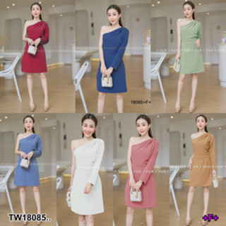 B18085 เดรสไหล่เบี่ยง แขนเดียว จีบไหล่ #A1-2Distorted shoulder dress, one sleeve, pleated shoulder #A1-2