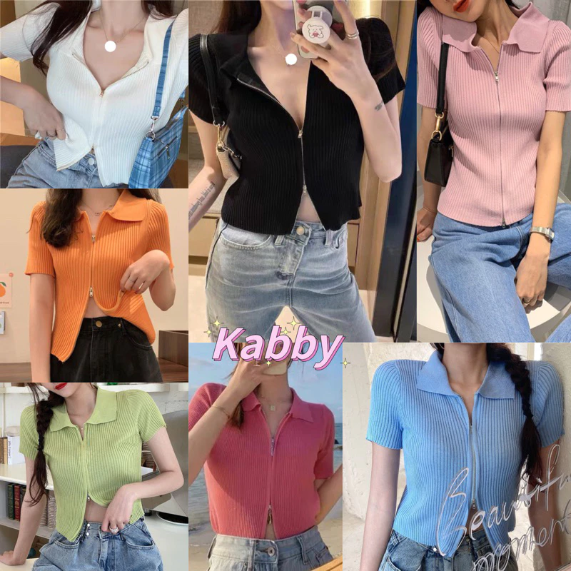 พร้อมส่ง💗เสื้อคอปกแขนสั้นไหมพรม ซิปรูดได้ทั้งบนและล่าง