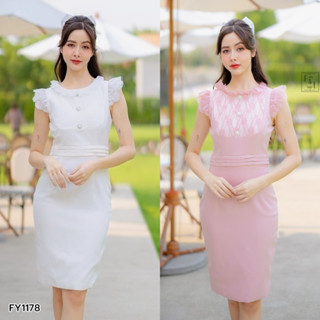 (S-XL) เดรสสั้นคอระบาย แขนกุดแต่งผ้าชีฟอง IFY1178