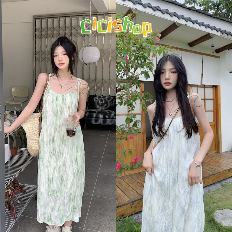Cicishop(3132)เดรสยาวสายเดี่ยว ดีเทลผ้าริ้ว สีสันสวยงามชิวๆชิคๆ