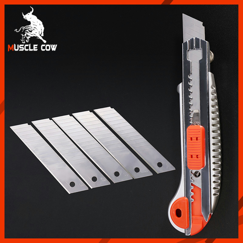 MUSCLE COW คัตเตอร์ มีดคัตเตอร์ ระบบ Push Lock พร้อมใบมี 18มม. ยิงเลเซอร์ที่คมใบมีดให้คมพิเศษ5 ใบ จัดส่งแบบสุ่มในสองสี