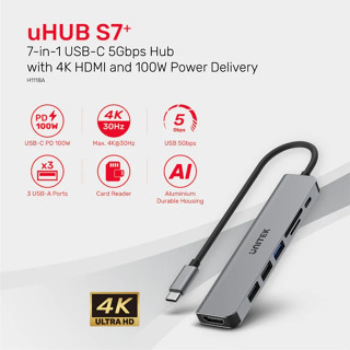 Unitek H118A uHUB S7+ 7-in-1 USB-C 5Gbps Hub พร้อม 4K HDMI และการจ่ายไฟ 100W. (รับประกัน 2ปีพร้อมกล่องสินค้า)