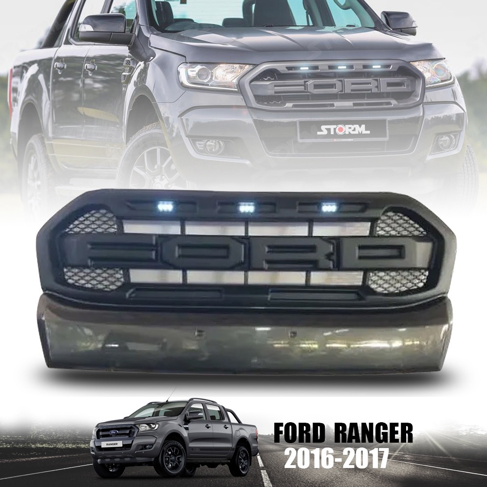 กระจังหน้า ฟอร์ด เรนเจอร์ Ford Ranger MC 2015-2017 โลโก้ Ford มีไฟสีขาว งานสวยๆ สีดำด้าน + สีเทา