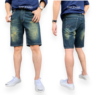 JEANSEXPRESS Shorts Mens กางเกงยีนส์ขาสั้นชายเหนือเข่าสีบลูฟอกสนิม แต่งสะกิดขาด เป้าซิป ใส่สบาย Size28-36