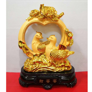 นก นกคู่ นกมงคล เป็ดแมนดาริน สูง 10.5 นิ้ว เสริมความรัก ชีวิตคู่ งานเรซิ่นพ่นทรายทอง ฐานสีไม้