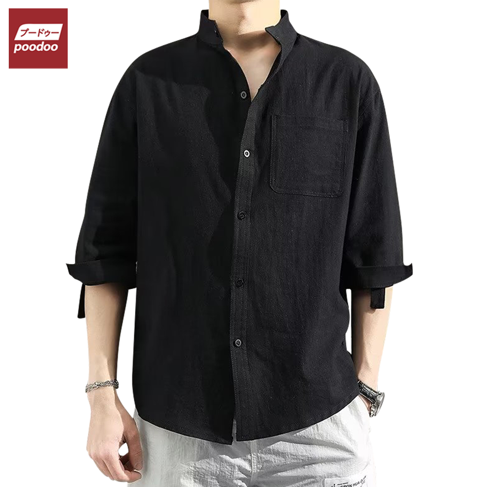 poodoo เสื้อเชิ้ตผ้าลินิน สีพื้น เเขน3ส่วน ทรงหลวม ระบายอากาศได้ดี เสื้อเชิ้ตคอจีน