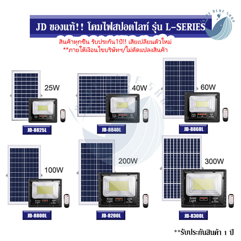 JD ของแท้!!ไฟสปอตไลท์โซล่าเซลล์ รุ่น L-SERIES 25W 40W 60W 100W 200W 300W กันน้ำ IP67