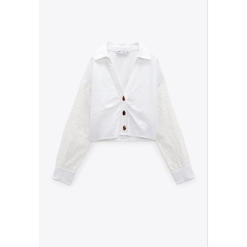 Zara Linen blend shirt with embroidery Cutwork เสื้อเชิ้ตลินินแต่งฉลุแขนสีขาว