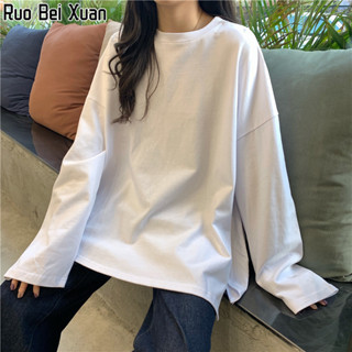 Ruo Bei Xuan ใหม่ของผู้หญิงกรีดสีทึบแขนยาวเสื้อยืดแฟชั่นเสื้อด้านล่างหลวมด้านบน