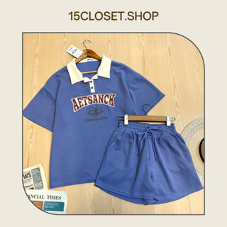 ชุดเซตเสื้อคอปกโปโลแขนสั้น ทรงโอเวอร์ไซส์+กางเกงขาสั้นเอวยางยืด *งานป้าย*