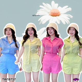 TwinsShopVip💗พร้อมส่ง TW18757 set 2 ชิ้น เสื้อเชิ้ต แขนเบิ้ล + กางเกงขาสั้น