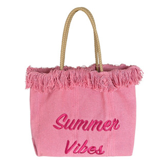 KNT กระเป๋าผ้าสะพายไหล่ รุ่น Vi909 Tote Bag ผ้าใบทอ ปักลายSummer Viber หูจับหนังสาน (2สี ครีม/ชมพู)
