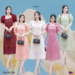 👗Pfashion [ส่งไวมาก🚛] P18759 เดรสลูกไม้คอเหลี่ยมแขนตุ๊กตา ผูกโบว์ไหล่ ..