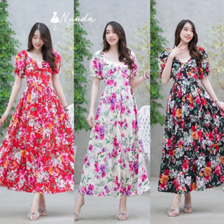 ⚜️Nunda Style⚜️ เดรสแขนตุ๊กตาเเต่งโบว์หน้าค่ะ งานมีโบว์เอว เนื้อผ้าไหมอีตาลี่พิมลายดอกใส่สบาย มีซับใน