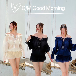 #Good morning เสื้อปาดไหล่แขนยาว ด้านหน้าแต่งเชือกผูกปรับได้  แต่งสม็อคช่วงเอว