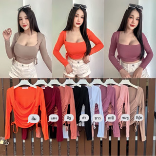 🌟STF_SHOP🌟เสื้อยืดแขนยาวเรย่อนคอเหลียมรูดข้าง32 - 38งานฟรีไซส์