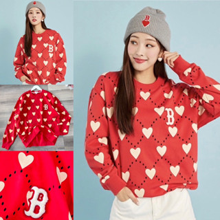 ♥️MLB LONG SLEEVE SHIRT ♥️ HEART MONOGRAM | เสื้อกันหนาว เสื้อแขนยาว พร้อมส่งสีแดง size XS -XL 👩🏻