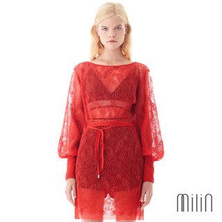 [MILIN] Guang Jin Bateau neckline Floral lace bubble sleeve mini dress เดรสแขนยาวผ้าลูกไม้คอปาดไหล่ 28